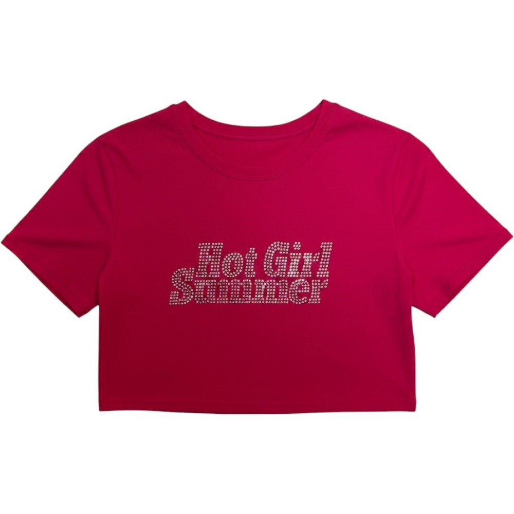 Women Tops Hot Girl Summer Rhinestone Crop Pink Short